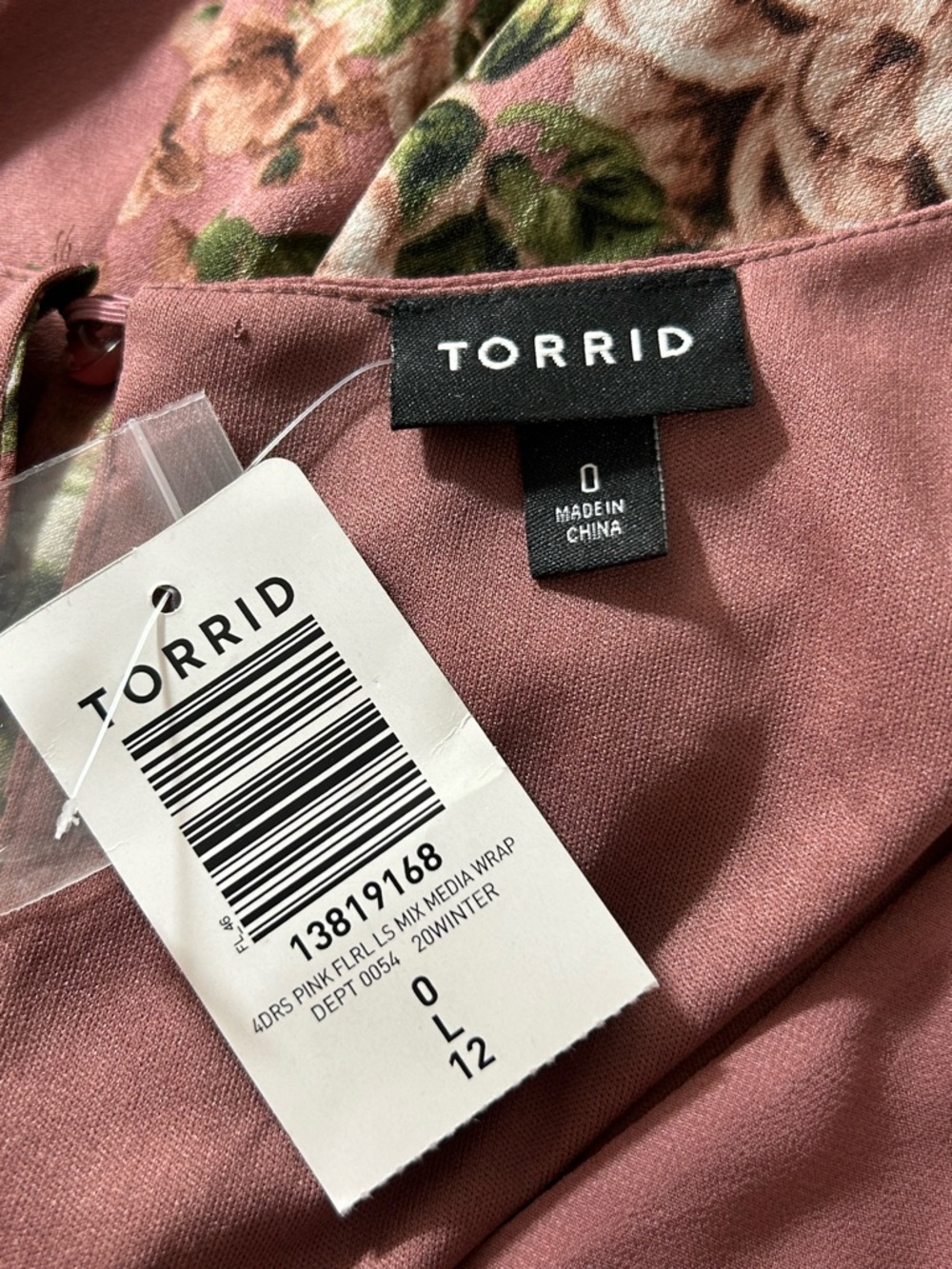 Torrid 0 (12) Pink Floral Long Sleeve Mix Media Wrap Midi Wedding Guest Dress - Picture 4 of 7